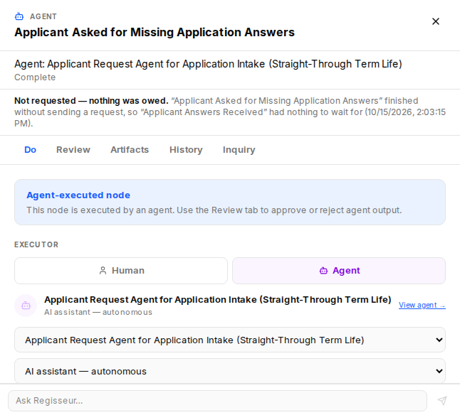 Her application arrives complete. The step that would chase her for missing answers finishes without sending anything: nothing was owed.