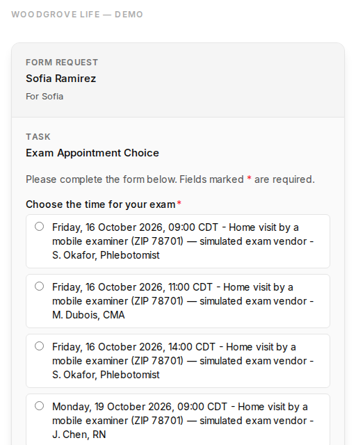 Once approved, the order goes to the exam vendor and Sofia gets a personal link with the examiner’s open times.
