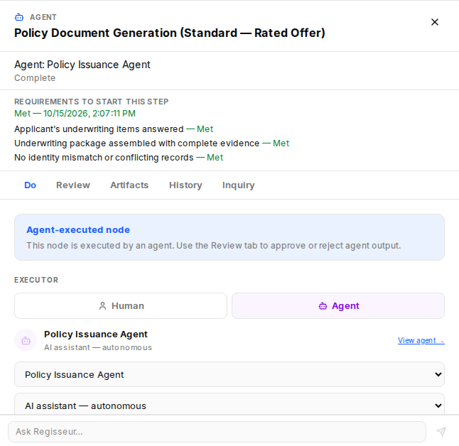 The policy document step starts only when its requirements are met, and shows each one: underwriting answers, a complete package, no conflicting records.