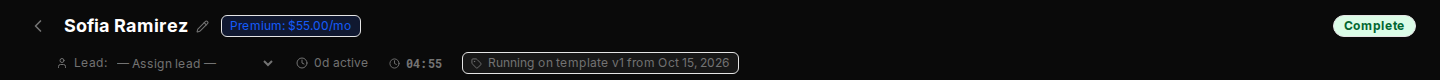 Policy issued: the case closes as Complete, with the premium on its header.