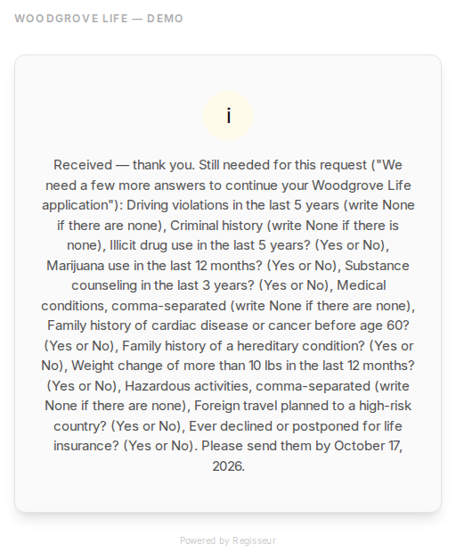 He answers 8 of the 21 questions. The page does not close the request; it tells him exactly what is still needed.