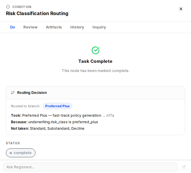 Risk classification routes the case: Preferred Plus, so the fast track. The record names the rule it used and the branches it did not take.