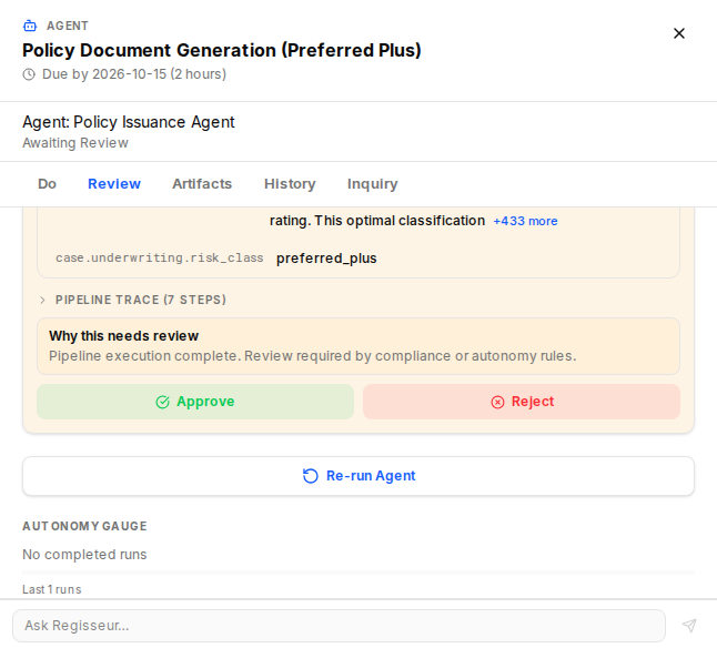 Issuing a policy is set to need a person, so it waits for the underwriter to approve.