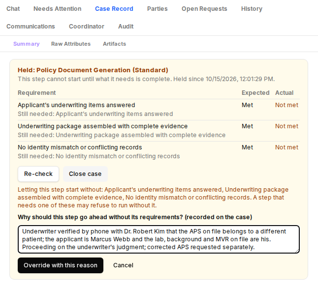 An override needs a written reason. The person overriding (here a demo admin account) records that the underwriter confirmed by phone that the statement belongs to someone else, and that the lab, background and driving records are his.