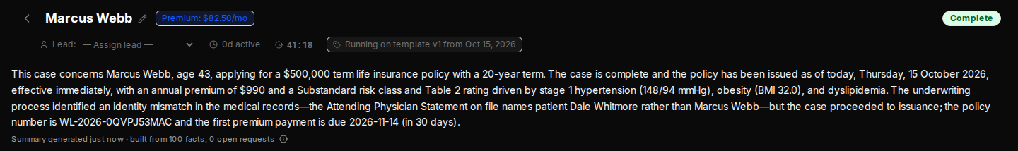 The policy issues. The case summary still records the mismatch, and that the case went on to issuance on the overrides above.