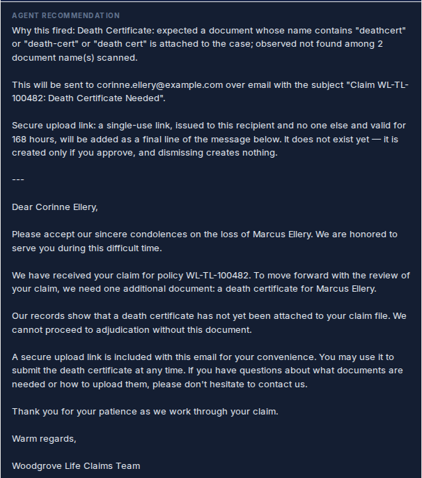 The platform’s drafted request for a missing death certificate — its reasoning, the recipient, and a single-use secure upload link, held for human approval before anything is sent.