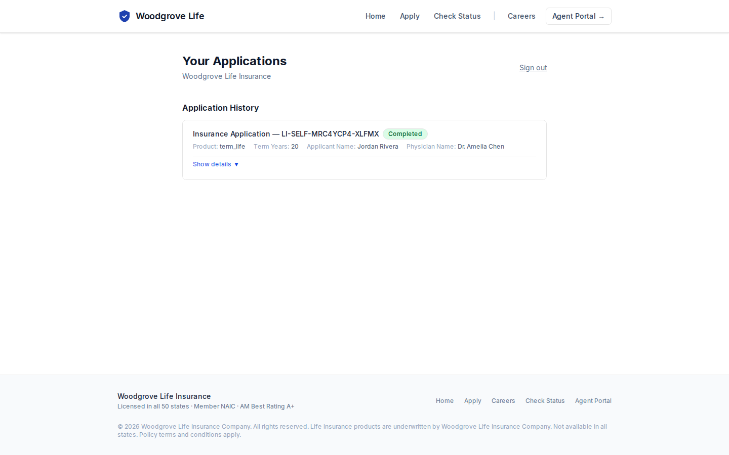 Woodgrove Life applicant portal showing a self-submitted term-life application marked Completed.