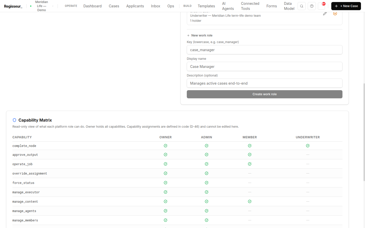 A read-only RBAC capability matrix mapping Owner, Admin, Member, and Underwriter against twenty capabilities.