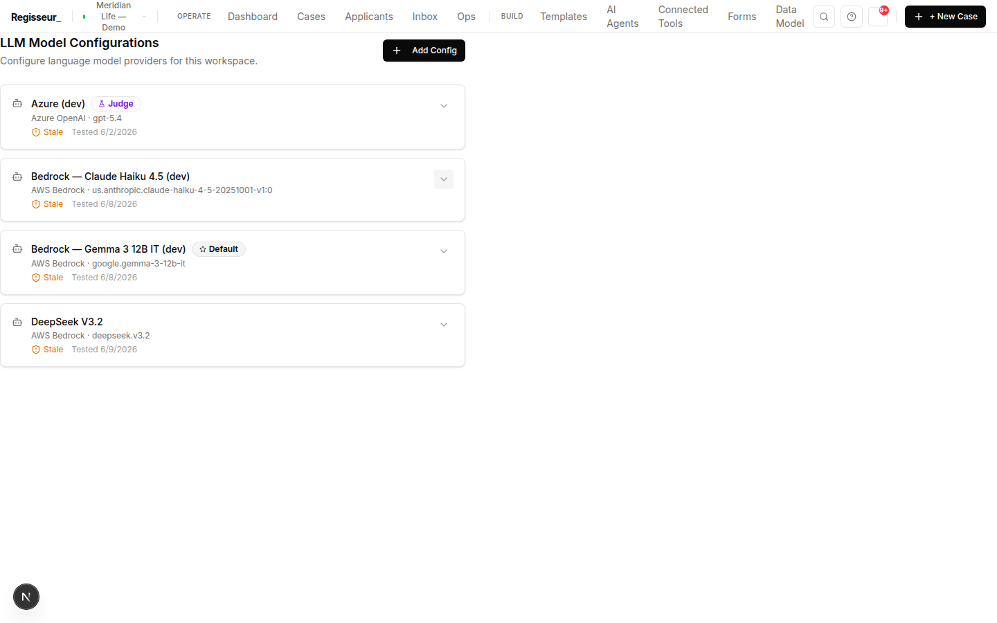 The model registry in Settings — providers with default and judge badges and per-config pricing.