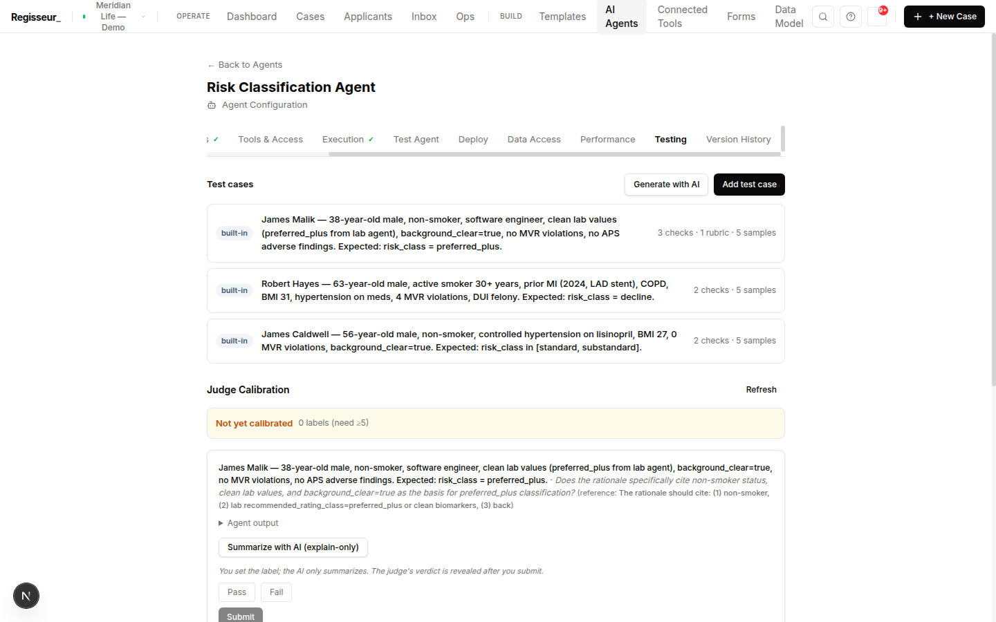 An agent's Testing tab showing three eval cases, a judge-calibration panel, and PASS runs.