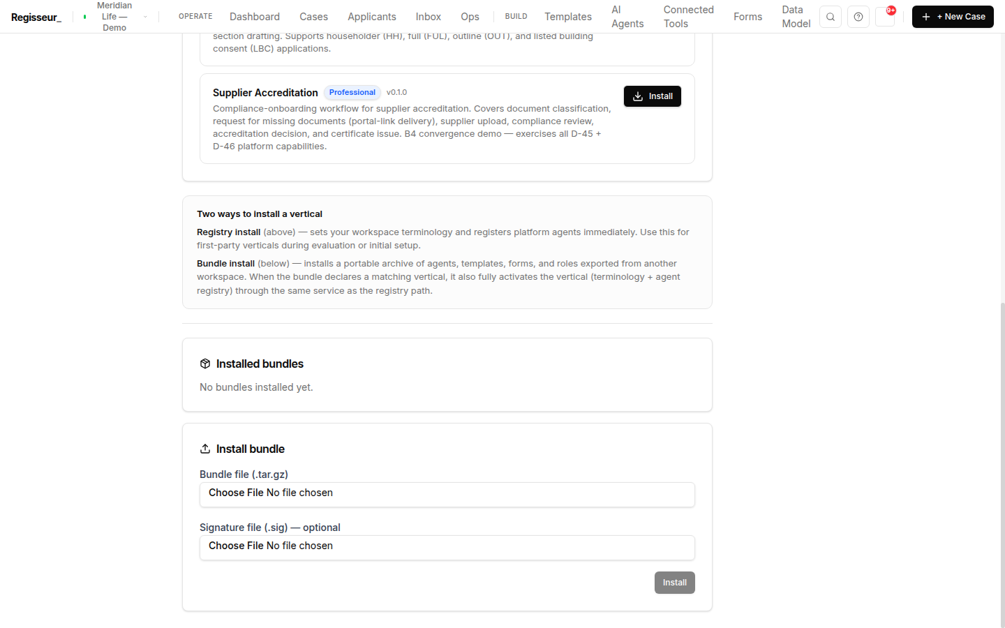 The package promotion surface — registry install versus a portable tar.gz bundle with an optional cosign signature.