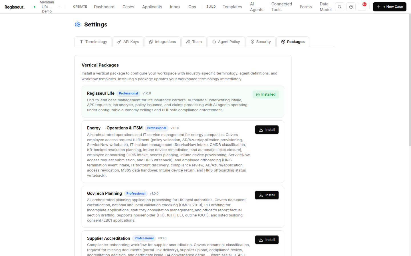 Settings, Packages — vertical packages including Regisseur Life (installed) and Energy, GovTech, and Supplier Accreditation, each with a version and Install action.