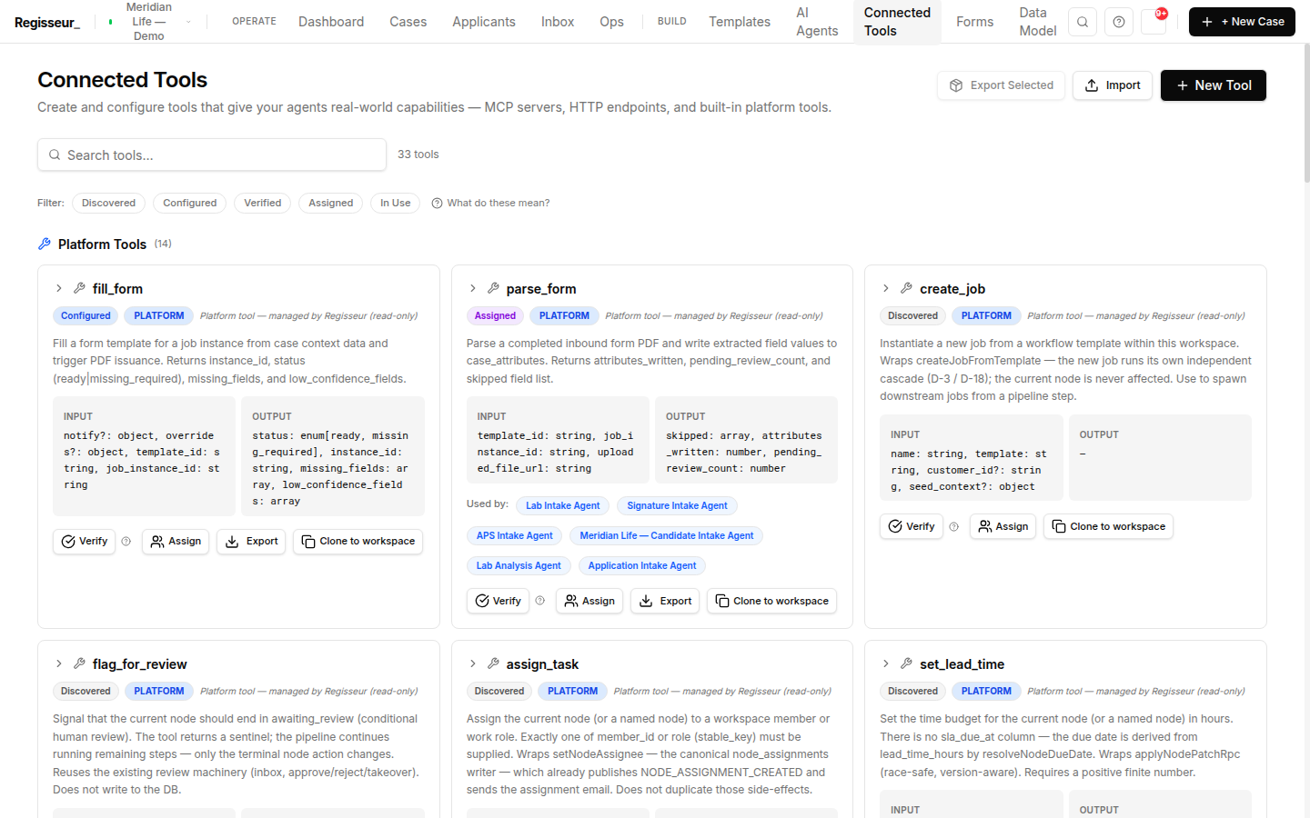 The connected-tools registry — 33 tools with input and output contracts and agent assignments, including send_email and send_sms.